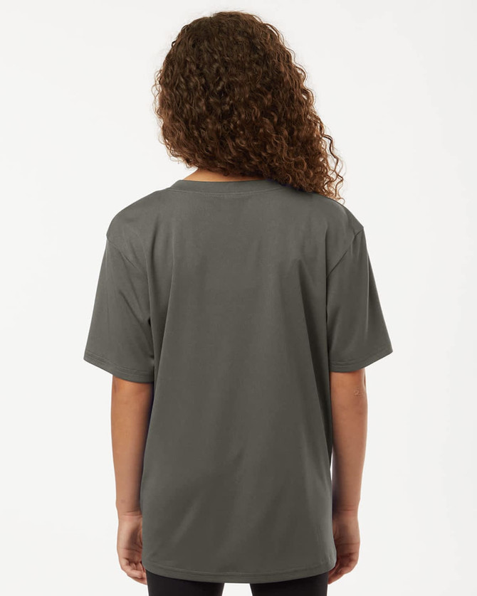 A grey youth performance t-shirt with a casual fit, featuring a logo on the back.