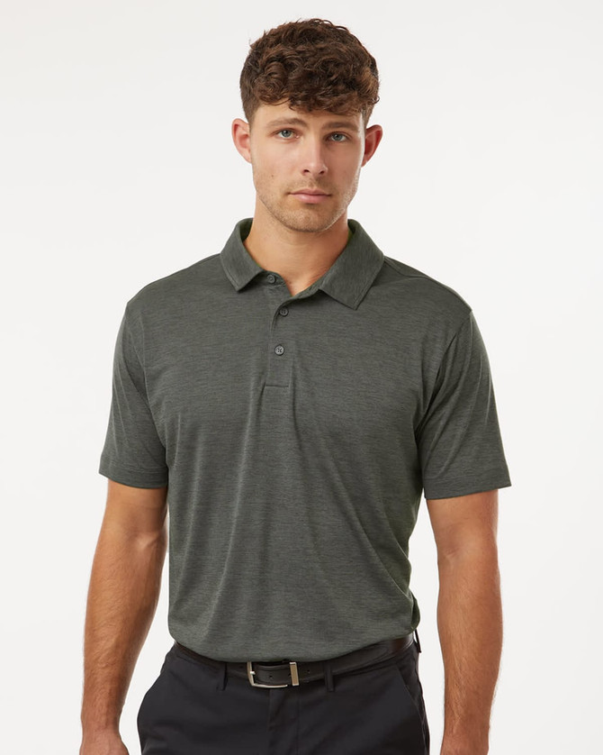 A men's heather melange polo in dark green, featuring a collar and a logo.