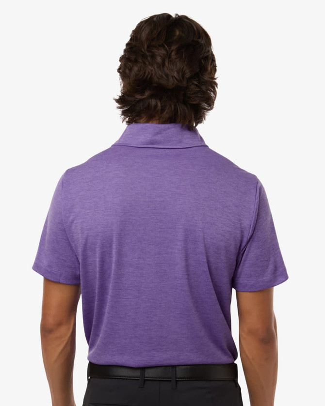 A men's polyester heather melange polo in purple, featuring a classic collar and short sleeves, with a logo on the back.