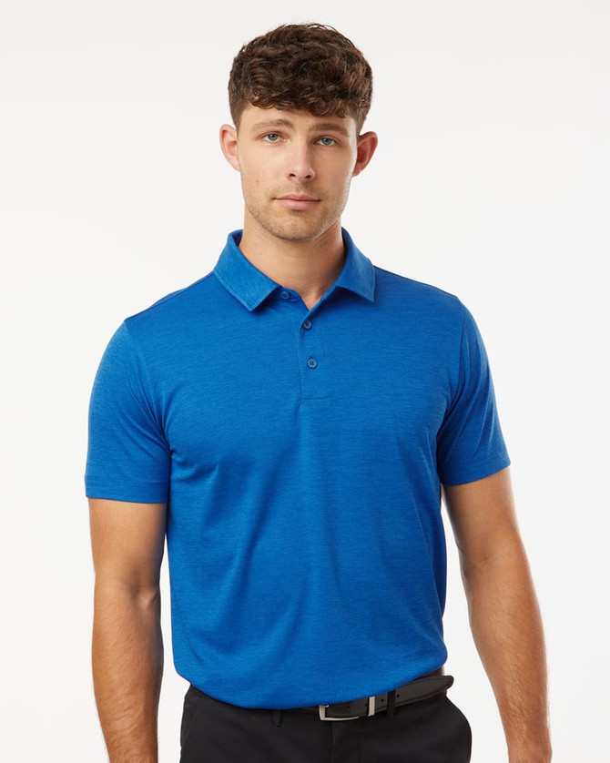 A men's polo shirt in heather blue with short sleeves and a collar, featuring a logo on the chest.