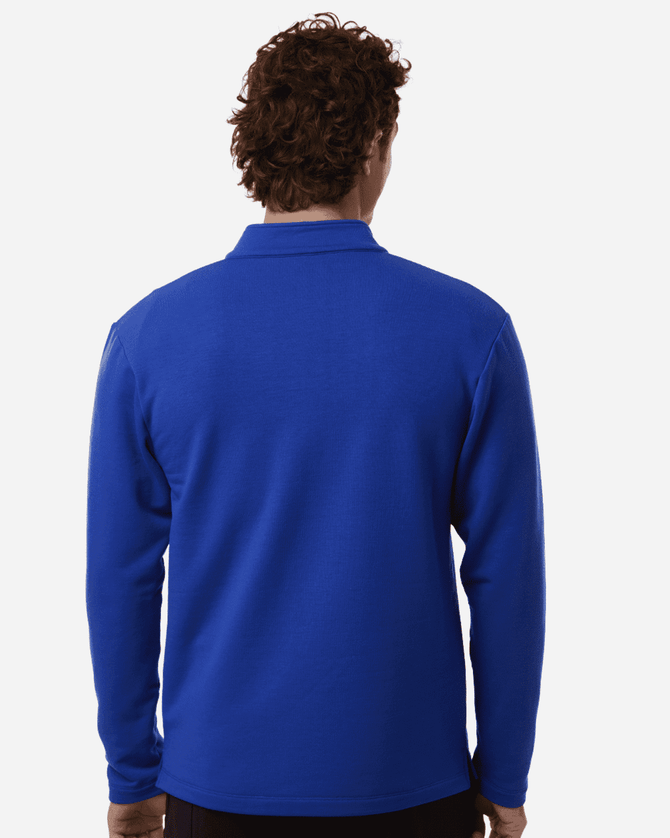 A blue men's stretch fleece 1/4 zip top, viewed from the back, featuring a collar and long sleeves.