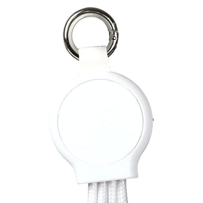 A white 6-in-1 multi charging cable with a keyring attachment. The cable features multiple connectors for various devices.