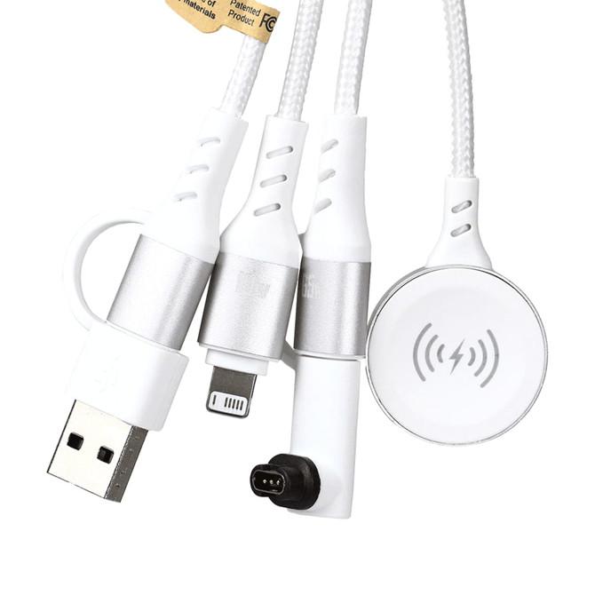 A white 6-in-1 multi charging cable featuring multiple connectors and a round charging pad, with a silver accent.
