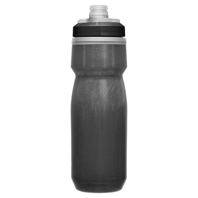 A drink bottle in dark grey with a black cap and a logo, featuring a squeezable design for easy hydration.