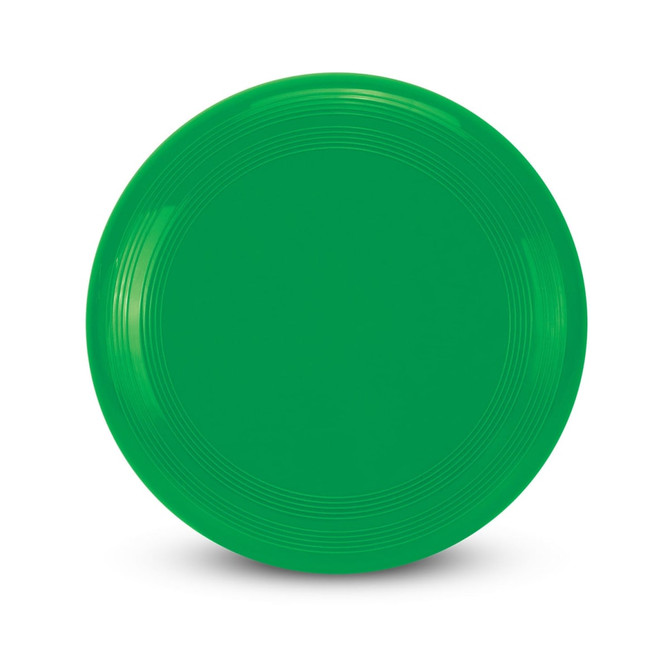 A green frisbee with a smooth, circular design and subtle grooves around the edge. It features a logo.