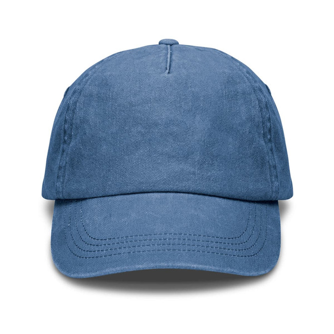 A vintage washed cap in a light blue tone with a curved brim and a stitched front design.
