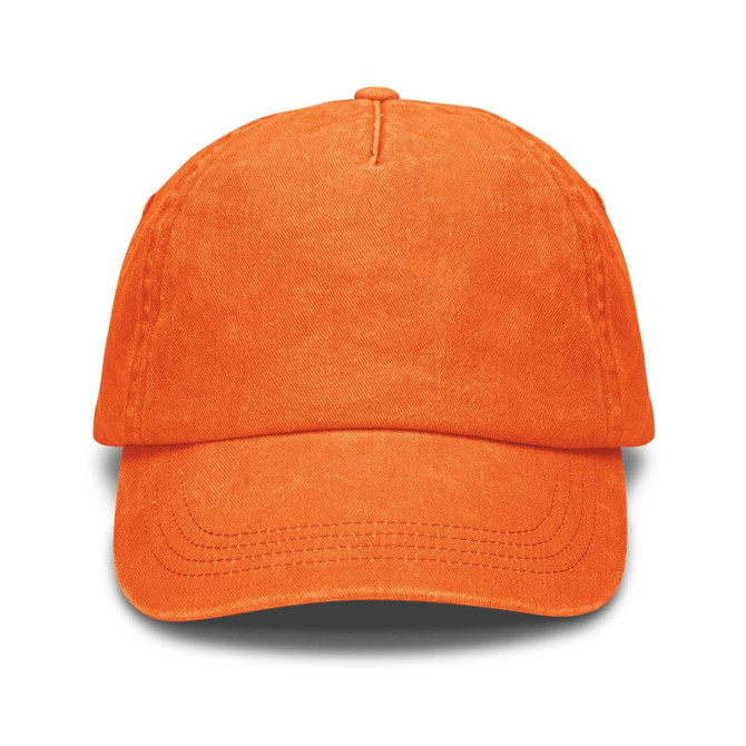 An orange vintage washed cap featuring a rounded crown and a curved brim. Includes a logo on the front.