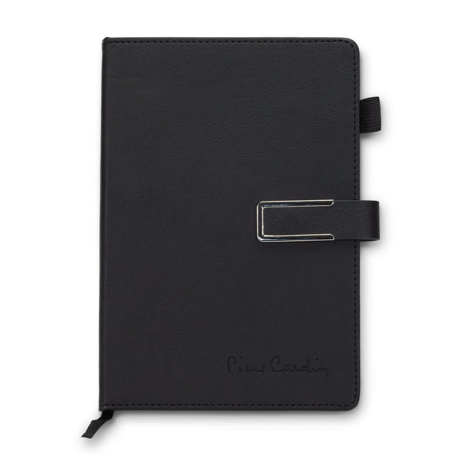 A black weekly diary with a clasp and a logo, featuring a simple and elegant design.