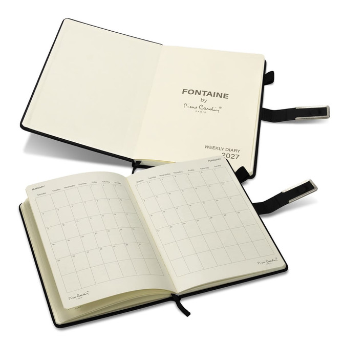 A weekly diary with a sleek black cover and cream pages, featuring a ribbon marker and branding.