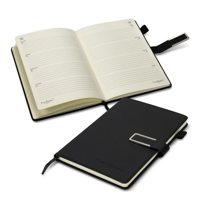 A black weekly diary with a bookmark and elastic band, featuring blank pages for scheduling and notes.