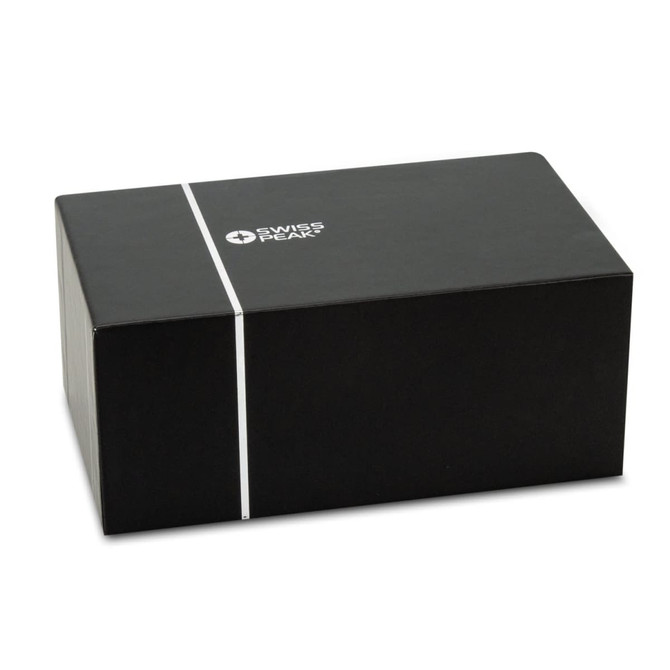A black rectangular box featuring a logo on the front, designed for the Swiss Peak 10W Bass Speaker.