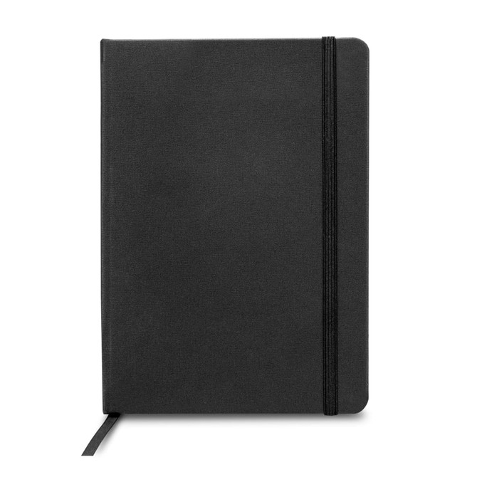 A5 weekly diary in black with a soft cover and an elastic band closure. Includes a ribbon bookmark.