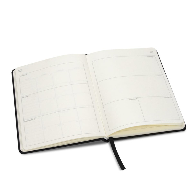 An A5 weekly diary in black, featuring cream pages with blank weekly layouts and a ribbon marker.