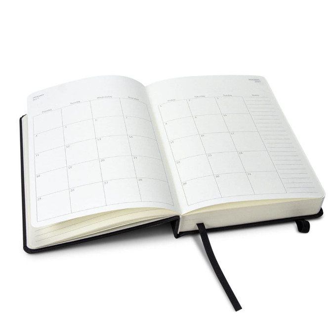 A5 daily diary for 2027 with a black cover, featuring blank monthly calendar pages and a bookmark ribbon.