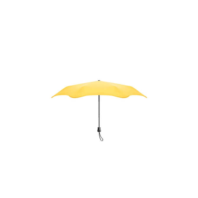 A yellow BLUNT Neo Umbrella with a black handle and hanging strap, featuring a circular design and a logo.