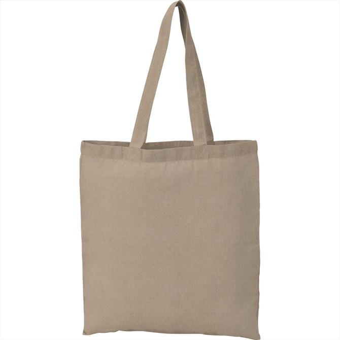 A beige recycled cotton twill tote bag with sturdy handles and a simple design, featuring a logo.