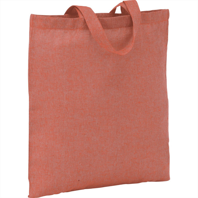 A recycled 140gms cotton twill tote bag in a coral orange shade with two handles and a simple design.