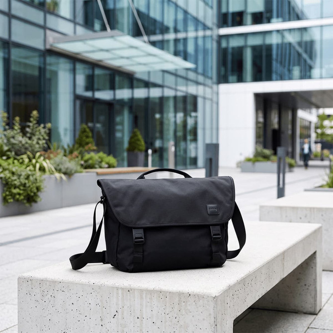 A black satchel bag sits on a concrete bench in a modern urban setting with greenery. It features a logo.