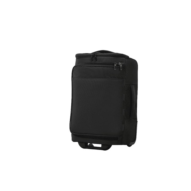 A black wheeled duffle bag featuring multiple zippered compartments and a handle for easy transport.