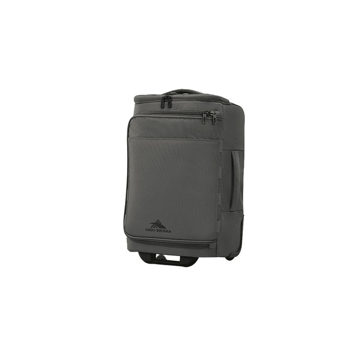 A grey wheeled duffle bag with zippers and a handle, featuring a logo on the front.