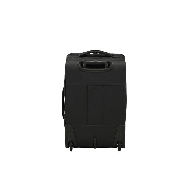A black wheeled duffle bag with a textured surface, featuring two wheels and a handle.