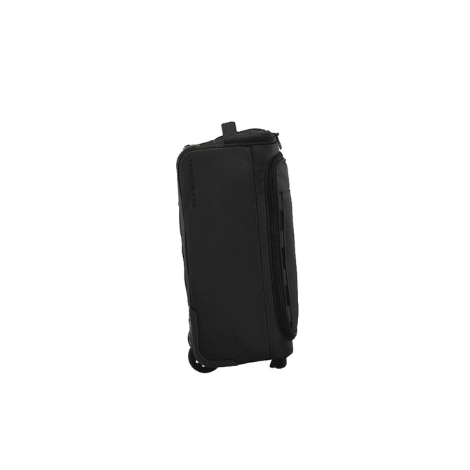 A wheeled duffle bag in black, featuring a zippered main compartment and side pockets. Includes a logo.