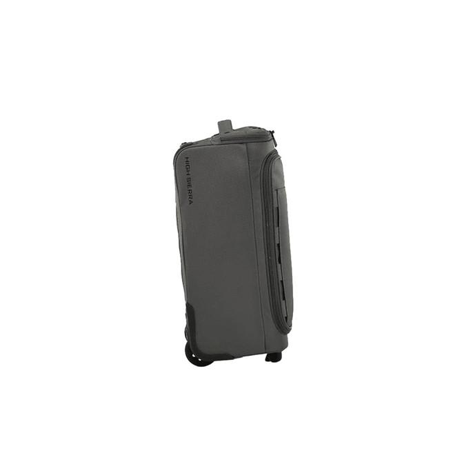 A wheeled duffle bag in grey with a zippered closure and a branding logo. Features side handles and wheels for easy transport.
