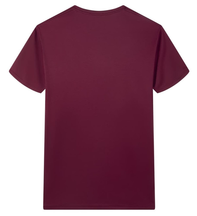 A maroon Saharah dryfit tee shirt in a plain design, featuring a branding logo on the back.