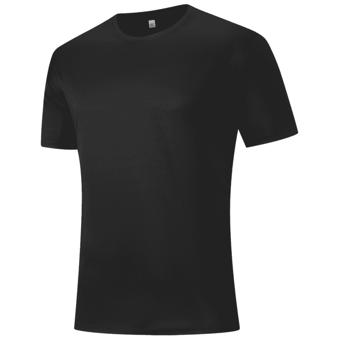 A black t-shirt with short sleeves and a round neckline, featuring a logo on the chest.