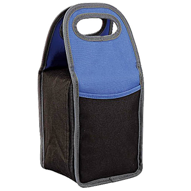 A lunch bag featuring a blue top and black sides, with a handle for easy carrying and a logo on the front.