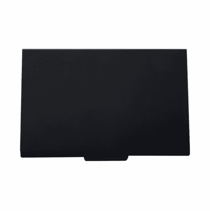 A sleek black cardholder with a textured surface and a sliding opening mechanism. It features a subtle logo.