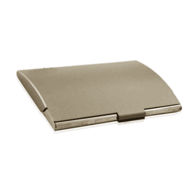 A metallic business card holder in a sleek, minimalist design with a shiny finish. It features a logo on the front.