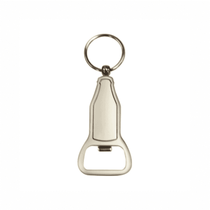 A bottle opener keyring in silver with a circular keyring attachment. Features a simple design.