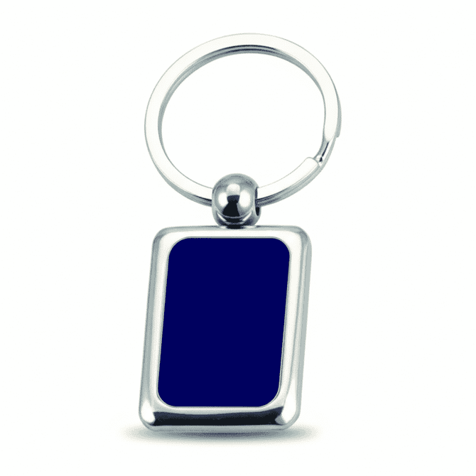 A silver keyring with a rectangular dark blue enamel panel and a metal ring attachment.