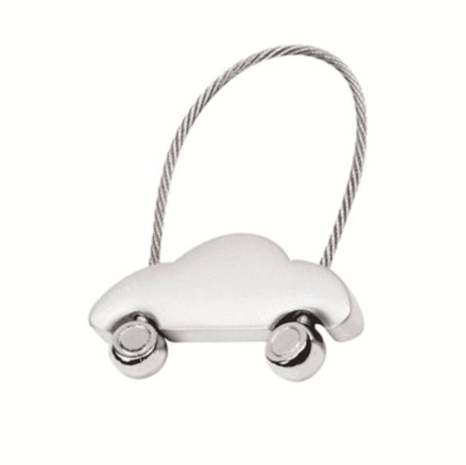 A silver car-shaped bottle opener with a wire handle, featuring round wheels at the base.