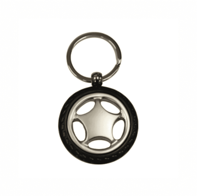 A keychain shaped like a steering wheel, featuring a silver centre and black tyre-like outer ring.