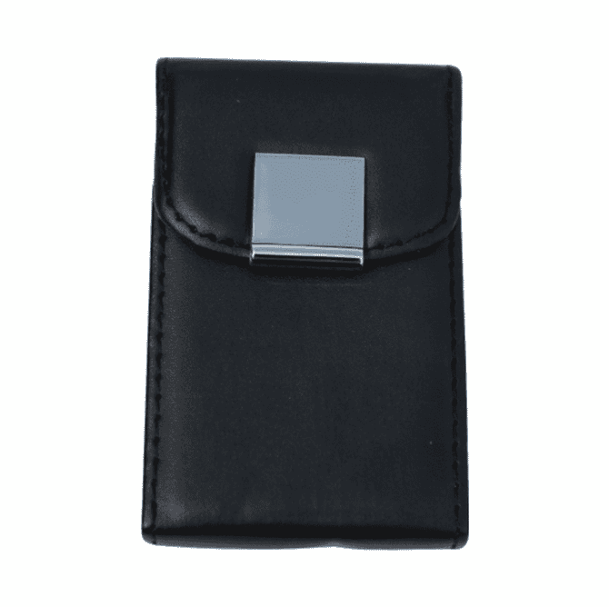A black leather cardholder featuring a silver clasp on the front. It has a sleek design with stitching details.