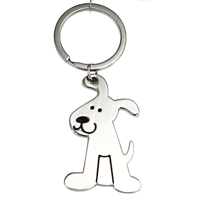 A keychain featuring a silver, cartoon-style dog design with a smiling expression and protruding ears.