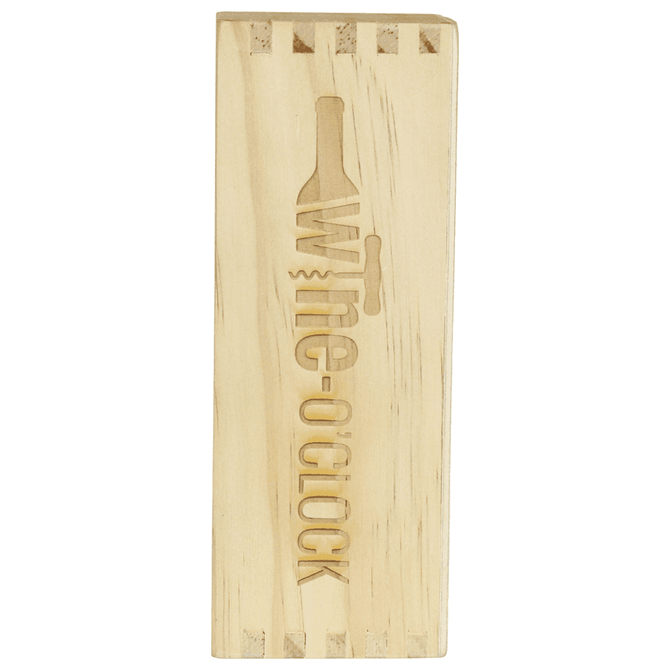 A wooden wine bottle holder with an engraved design, featuring a logo and a natural wood finish.