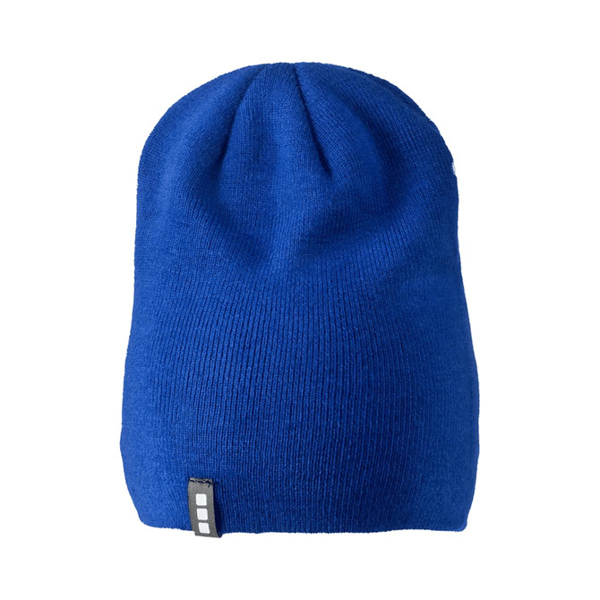 A blue unisex beanie with a fitted design and a small logo on the side.
