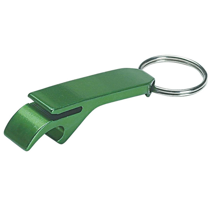 A keyring bottle opener in a vibrant green colour. It features a smooth, sleek design and a keyring attachment.