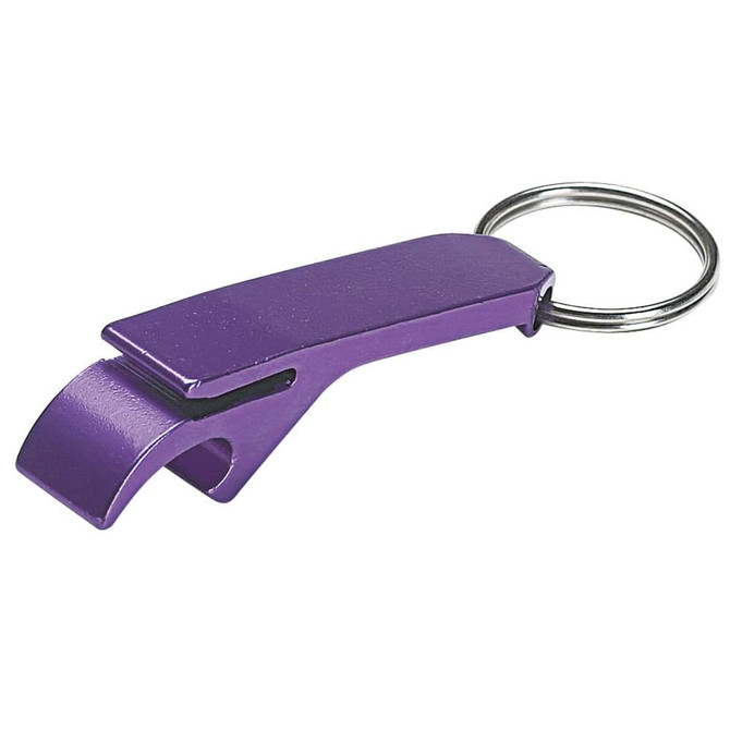 A purple bottle opener keychain with a metal ring, featuring a sleek design.