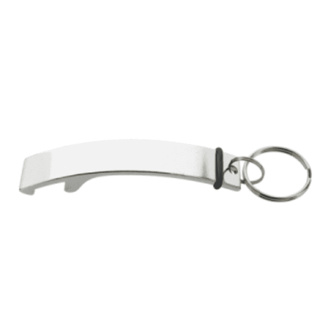 A bottle opener featuring a sleek silver design with a keyring attachment.
