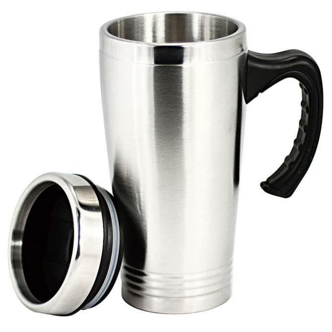 A stainless steel coffee mug with a black handle and removable lid. It has a polished finish and a sleek design.