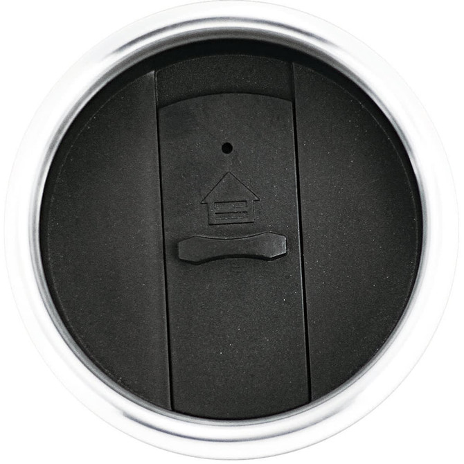 A drink lid for a coffee mug in black plastic with a sliding opening mechanism and a silver rim.