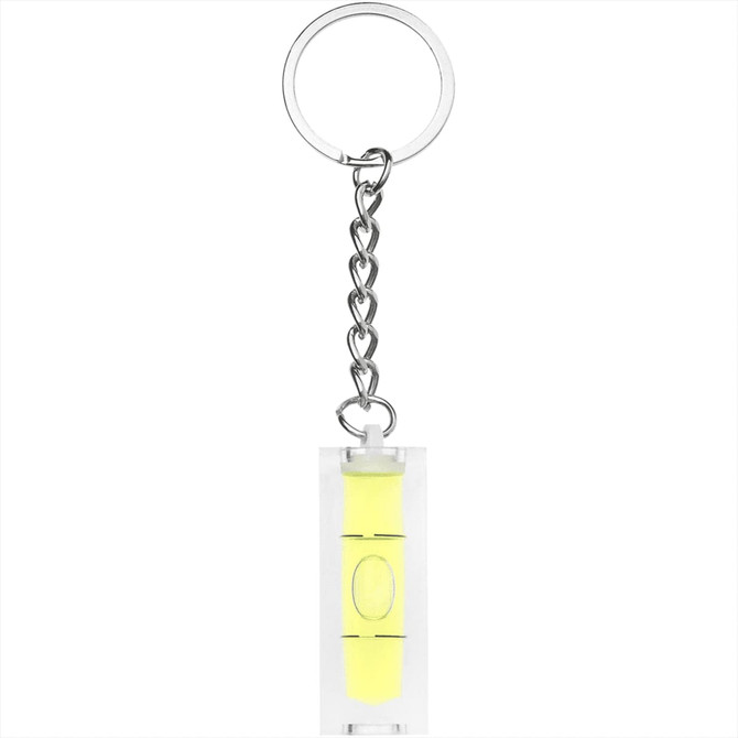 A yellow leveller key chain with a clear casing and a metal keyring for attachment.