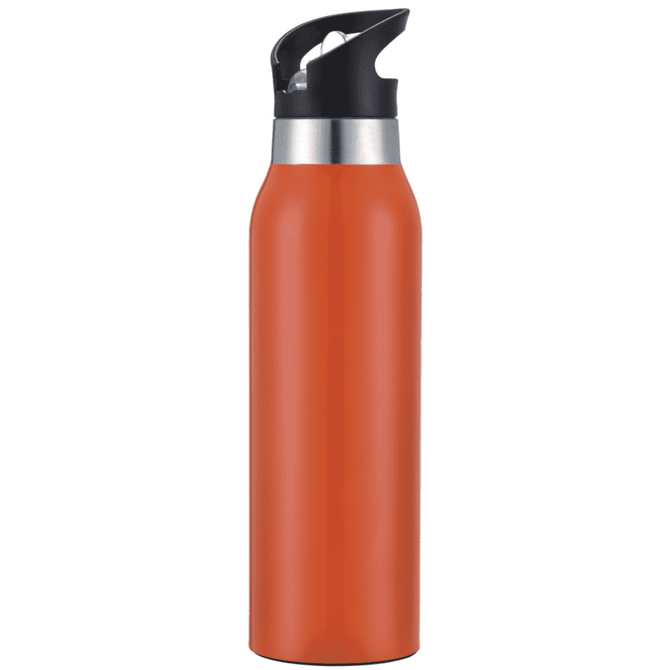A drink bottle in vibrant orange with a black and silver lid, featuring a branding logo.
