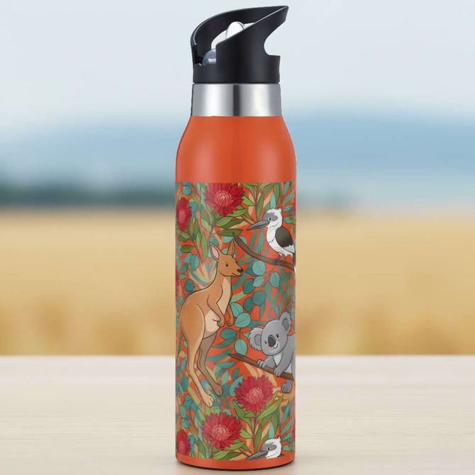 A drink bottle in orange featuring Australian wildlife and floral patterns, with a black lid and a logo on the side.