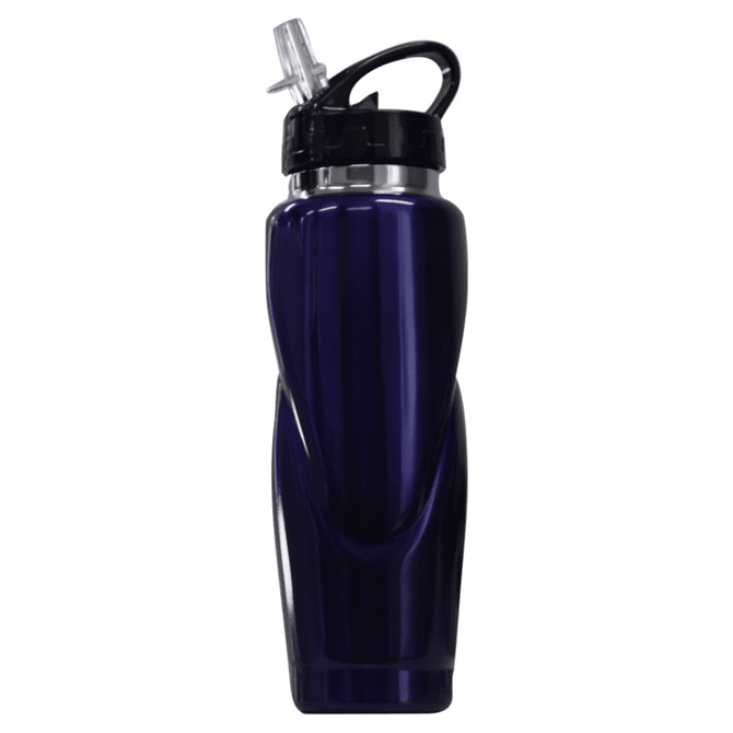 A drink bottle in a dark purple hue, featuring a flip-top lid and a built-in straw. It has a logo on the body.