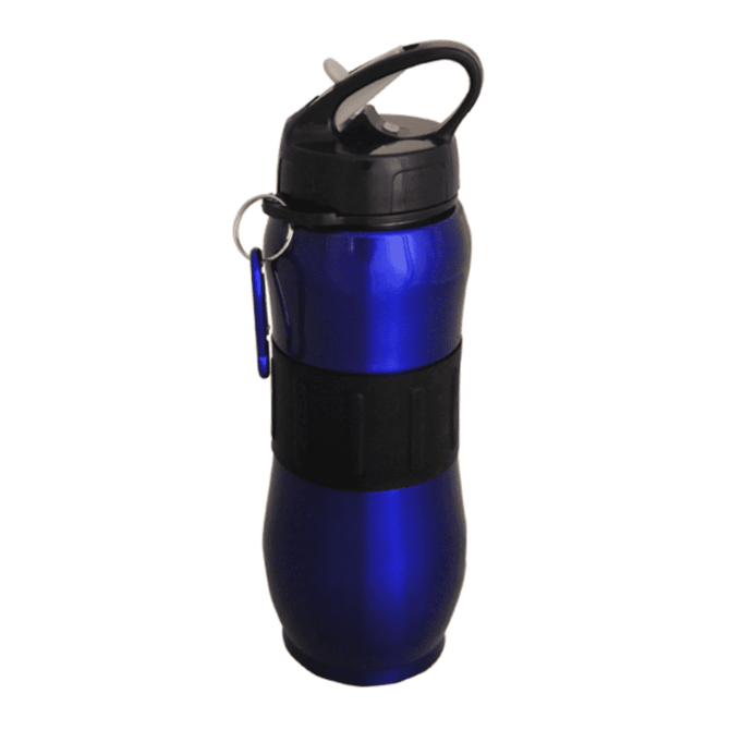 A drink bottle in a shiny blue finish with a black grip and a carabiner attached. It features a flip-top lid and a logo.